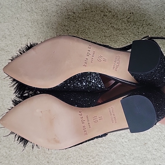 Kate Spade Black Glitter Heels With Feather Pom Pom Women Size‎ 6.5 - Picture 10 of 10